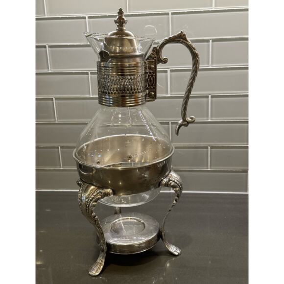 FB Rogers Glass Tea Coffee Pot Corning Carafe with Lid and Metal Warming Stand - Picture 1 of 8